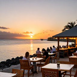 Caribbean Holidays, Cheap January Holidays, Relaxed evening scene at a Caribbean waterfront restaurant in Saint Vincent and the Grenadines with warm sunset light
