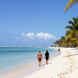 Caribbean Holidays, Cheap January Holidays, Relaxed holidaymakers walking along Grace Bay Beach with calm clear water and palm trees in January