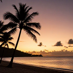 Caribbean Holidays, Cheap January Holidays, Relaxed Saint Lucia sunset over a sandy beach with palm silhouettes, warm orange light and calm Caribbean sea