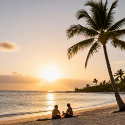 Caribbean Holidays, Cheap January Holidays, Relaxed Saint Lucian sunset over a palm-fringed beach, with a couple enjoying a simple affordable Caribbean holiday