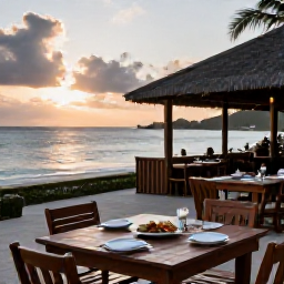 Caribbean Holidays, Cheap January Holidays, Simple beachfront restaurant in Saint Vincent and the Grenadines at sunset, with local food, wooden tables and a relaxed Caribbean setting