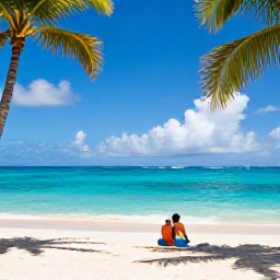 Caribbean Holidays, Cheap January Holidays, Sunny Caribbean beach in January with clear turquoise water, palm trees and a relaxed couple enjoying the shoreline