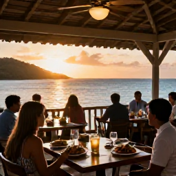 Caribbean Holidays, Cheap January Holidays, Traditional Caribbean restaurant terrace in the British Virgin Islands at sunset, with local food and diners overlooking the sea