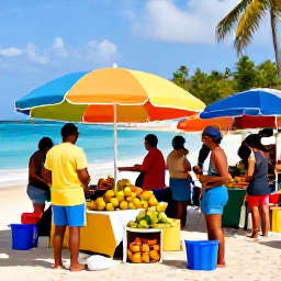 Caribbean Holidays, Cheap January Holidays, Travellers exploring a colourful Dominican Republic market near the coast, with tropical fruit, local crafts and welcoming stallholders