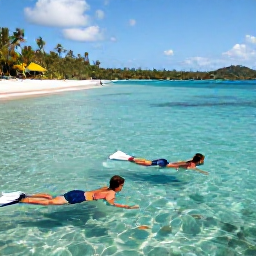 Caribbean Holidays, Cheap January Holidays, Travellers snorkelling in clear shallow Caribbean water beside a sandy beach in the United States Virgin Islands, with colourful fish visible below