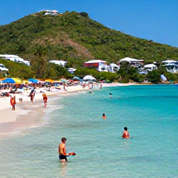Caribbean Holidays, Cheap January Holidays, Travellers swimming and relaxing at a picturesque Caribbean cove on Saint Martin, with clear water, green hills and colourful beach umbrellas