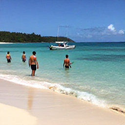 Caribbean Holidays, Cheap January Jamaica, Jamaican beach holiday scene with snorkellers in clear water, a small boat offshore and green hills in the distance