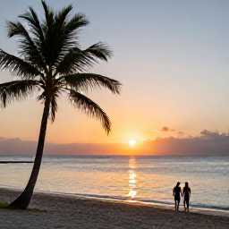 Caribbean Holidays, Cheap January Jamaica, Warm Jamaican sunset over a quiet beach, with palm silhouettes, calm sea and a couple walking along the shore