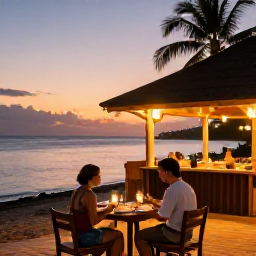 Caribbean Holidays, Cheap January Martinique, Couple enjoying a relaxed sunset dinner at a small Martinique seaside restaurant with warm lights and tropical surroundings