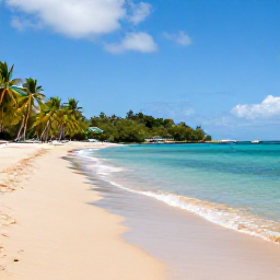 Caribbean Holidays, Cheap January Martinique, Golden sandy beach near Les Anses-d'Arlet in Martinique with clear water, fishing boats and palm trees