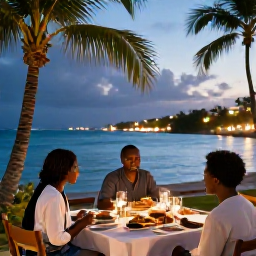 Caribbean Holidays, Cheap January Martinique, Relaxed Martinique evening with Creole dinner, waterfront lights and a warm tropical atmosphere
