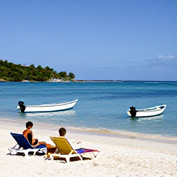 Caribbean Holidays, Cheap January Martinique, Travellers relaxing on a quiet Martinique beach with small fishing boats, beach loungers and clear Caribbean sea
