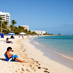 Caribbean Holidays, Cheap January Puerto Rico, Palm-fringed Puerto Rican beach with clear water, sun loungers and visitors enjoying a warm January day