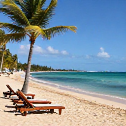 Caribbean Holidays, Cheap January Puerto Rico, Quiet sandy Puerto Rico beach with clear Caribbean water, sun loungers and palm trees