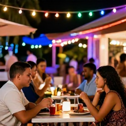 Caribbean Holidays, Cheap January Puerto Rico, Relaxed Puerto Rican evening with outdoor dining, colourful lights and people enjoying local food