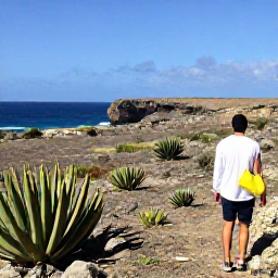 Caribbean Holidays, Cheap July Aruba, Arikok National Park in Aruba with rugged desert landscape, cacti, rocky coastline and a visitor exploring the scenery