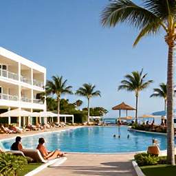 Caribbean Holidays, Cheap July Aruba, Budget-friendly Aruba holiday scene with a comfortable hotel, palm trees, swimming pool and travellers relaxing in warm sunshine