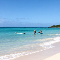 Caribbean Holidays, Cheap July Aruba, Visitors swimming and paddleboarding in the clear shallow waters of Eagle Beach, Aruba, beneath a bright blue sky