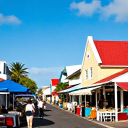 Caribbean Holidays, Cheap July Holidays, A colourful Caribbean market street in Philipsburg and a charming French village caf&eacute; in Saint Martin, with visitors exploring local shops and restaurants