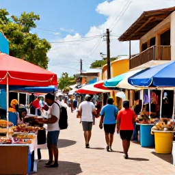 Caribbean Holidays, Cheap July Holidays, A colourful Dominican Republic market street with local food, crafts and friendly atmosphere in warm July sunshine