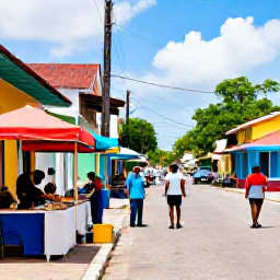 Caribbean Holidays, Cheap July Holidays, A colourful street scene in Port of Spain, Trinidad, with local food stalls, musicians and visitors exploring the city in July