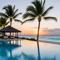 Caribbean Holidays, Cheap July Holidays, A comfortable Dominican Republic resort pool beside a palm-fringed beach at sunset, suitable for a July holiday