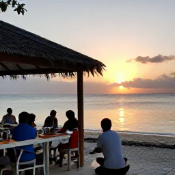 Caribbean Holidays, Cheap July Holidays, A friendly Caribbean sunset over the sea in Trinidad and Tobago, with travellers dining at a simple beachfront restaurant