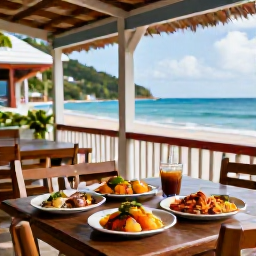 Caribbean Holidays, Cheap July Holidays, A friendly local restaurant serving fresh Caribbean food on a shaded terrace near the coast of Saint Vincent