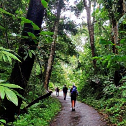 Caribbean Holidays, Cheap July Holidays, A lush Tobago rainforest trail near a waterfall, with hikers walking beneath tropical trees after a light July shower