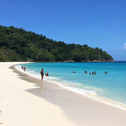 Caribbean Holidays, Cheap July Holidays, A quiet Tobago beach with white sand, clear blue water, green hills and a small group of visitors swimming and relaxing