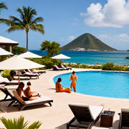 Caribbean Holidays, Cheap July Holidays, A relaxed Caribbean hotel terrace with a swimming pool, palm trees and guests enjoying a July holiday in the United States Virgin Islands