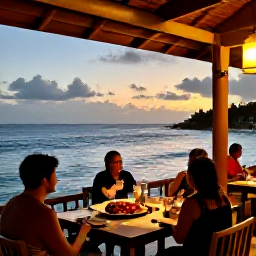 Caribbean Holidays, Cheap July Holidays, A relaxed evening at a Caribbean waterfront restaurant, with fresh seafood, lanterns, gentle waves and diners watching the sunset