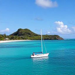 Caribbean Holidays, Cheap July Holidays, A small sailing boat travelling between the Grenadine islands with clear blue water and green tropical islands in the background