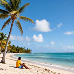 Caribbean Holidays, Cheap July Holidays, A sunny Caribbean beach in Trinidad and Tobago in July, with calm turquoise water, palm trees and a relaxed traveller enjoying the shoreline