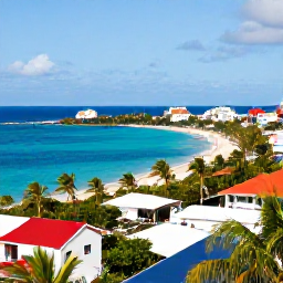 Caribbean Holidays, Cheap July Holidays, A sunny panoramic view of Saint Martin and Sint Maarten coastline, turquoise sea, sandy beaches and colourful island buildings