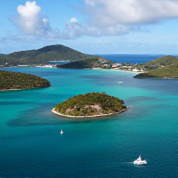 Caribbean Holidays, Cheap July Holidays, Aerial view of the British Virgin Islands showing turquoise water, green islands and small sailing boats