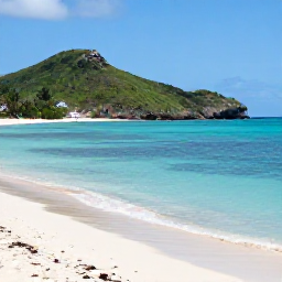 Caribbean Holidays, Cheap July Holidays, Bright beach scene on Saint Kitts with calm turquoise water, green hills and a few relaxed holidaymakers in July