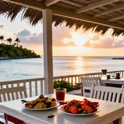 Caribbean Holidays, Cheap July Holidays, Casual seaside restaurant serving fresh seafood at sunset in Providenciales, Turks and Caicos