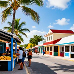 Caribbean Holidays, Cheap July Holidays, Colourful Cayman Islands street scene with local food, palm trees and visitors enjoying a warm July afternoon