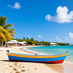 Caribbean Holidays, Cheap July Holidays, Colourful fishing boats on a sandy Saint Lucian beach beside a small coastal village, bright tropical scenery