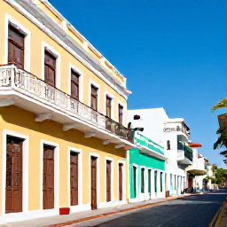 Caribbean Holidays, Cheap July Holidays, Colourful Old San Juan street with pastel colonial buildings, balconies and bright Caribbean sunlight