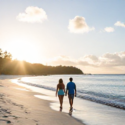 Caribbean Holidays, Cheap July Holidays, Couple walking along a quiet Caribbean beach in the British Virgin Islands at golden hour