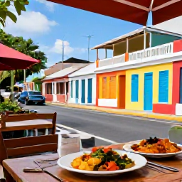 Caribbean Holidays, Cheap July Holidays, Friendly open-air Caribbean restaurant serving fresh local food beside a colourful street in Basseterre