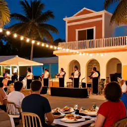 Caribbean Holidays, Cheap July Holidays, Friendly Puerto Rican evening scene with local food, live music and warm lights in a town square
