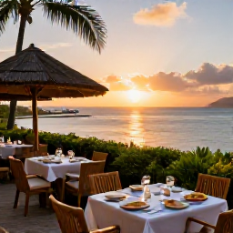 Caribbean Holidays, Cheap July Holidays, Outdoor Caribbean restaurant in Saint Lucia at sunset, local dishes on tables and relaxed holiday atmosphere