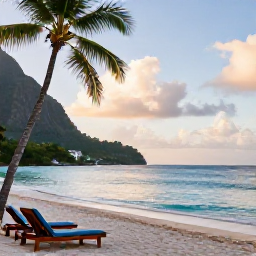 Caribbean Holidays, Cheap July Holidays, Palm-fringed beach in Saint Lucia with calm turquoise water, a few sun loungers and soft morning light