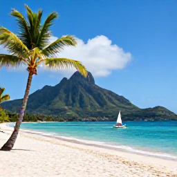 Caribbean Holidays, Cheap July Holidays, Peaceful Nevis beach with palm trees, volcanic mountain backdrop and a small sailing boat offshore