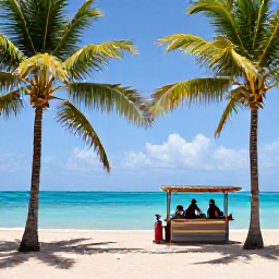 Caribbean Holidays, Cheap July Holidays, Relaxed Caribbean beach in Puerto Rico with turquoise water, palm trees and a small local food stall