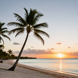 Caribbean Holidays, Cheap July Holidays, Relaxed sunset over a Cayman Islands beach with palm trees, calm turquoise water and a warm evening sky