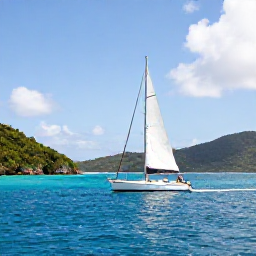 Caribbean Holidays, Cheap July Holidays, Small sailing boat passing between green British Virgin Islands under a bright summer sky
